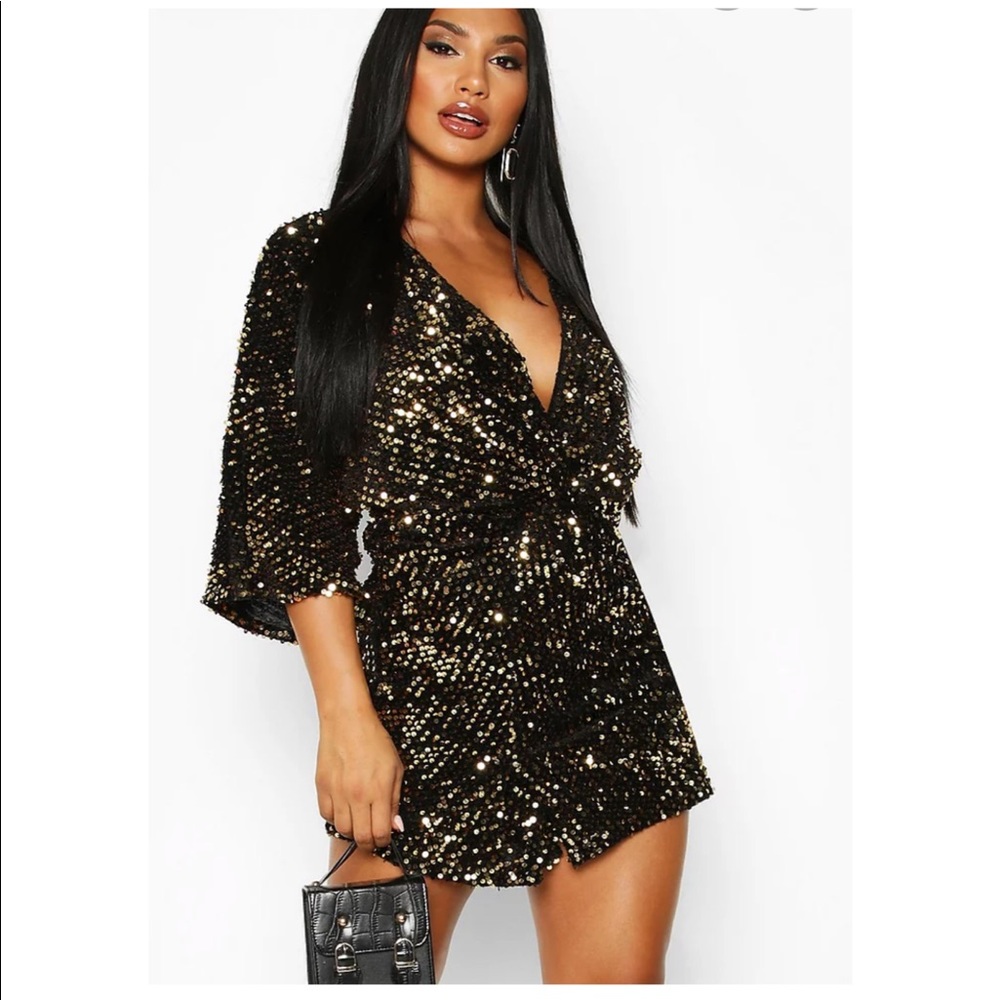 Black velvet knotted sequin dress